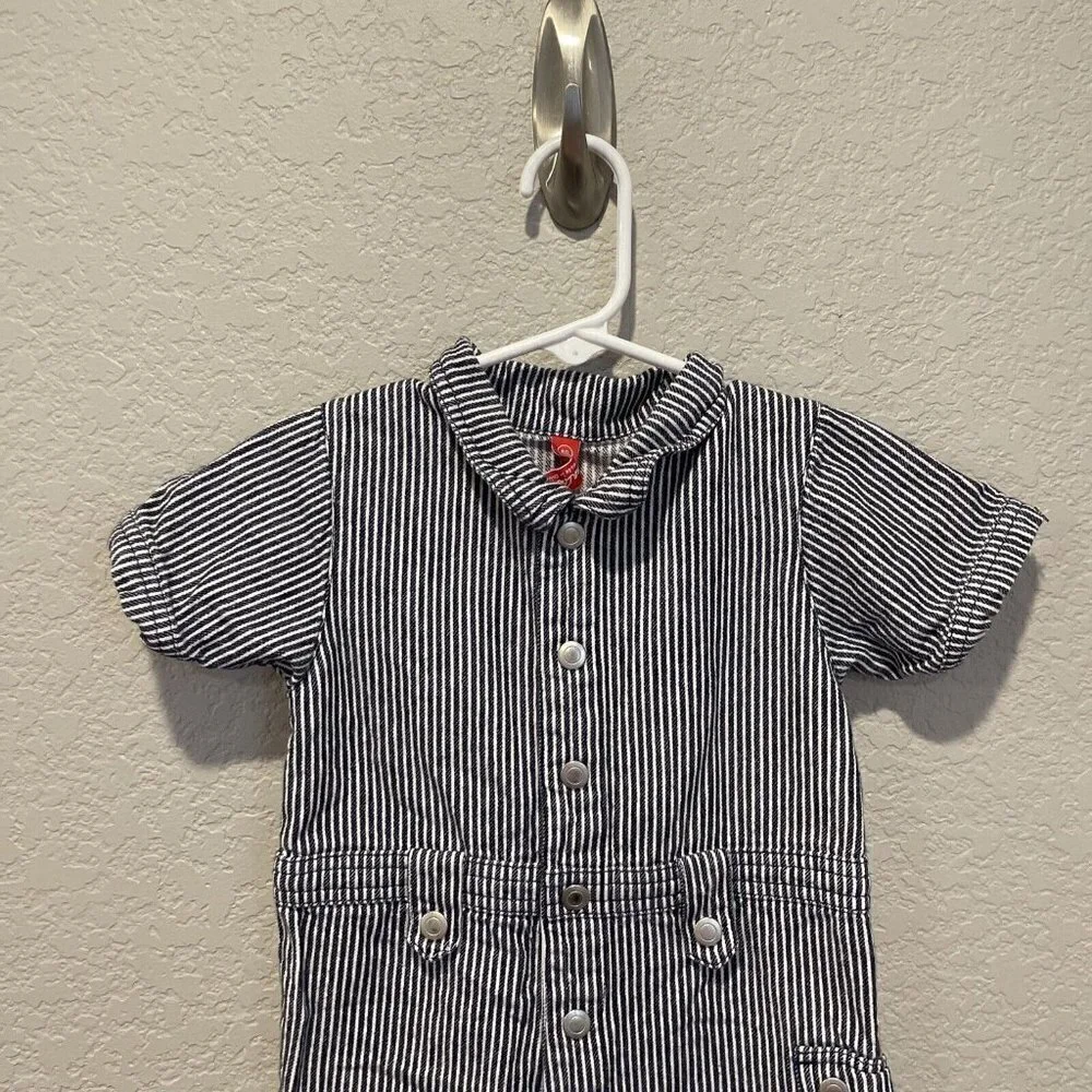 Hanna Andersson Toddler Baby Boy One-Piece BLUE Railroad Stripe Romper 80, 18-24 - Picture 4 of 7
